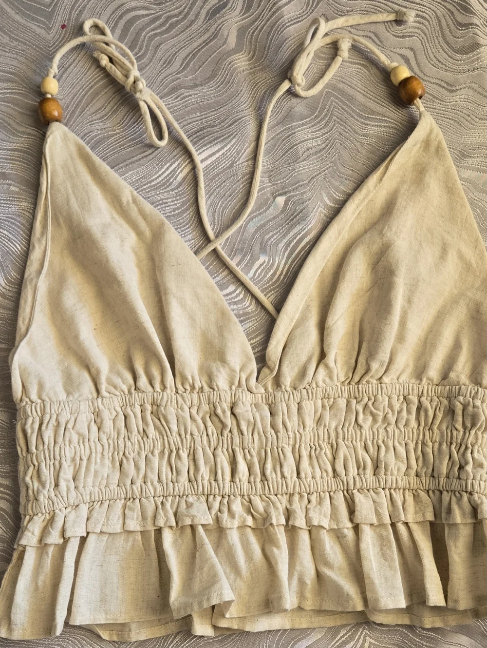 Cream Ruffled Halter Crop Top - Picture 3 of 7